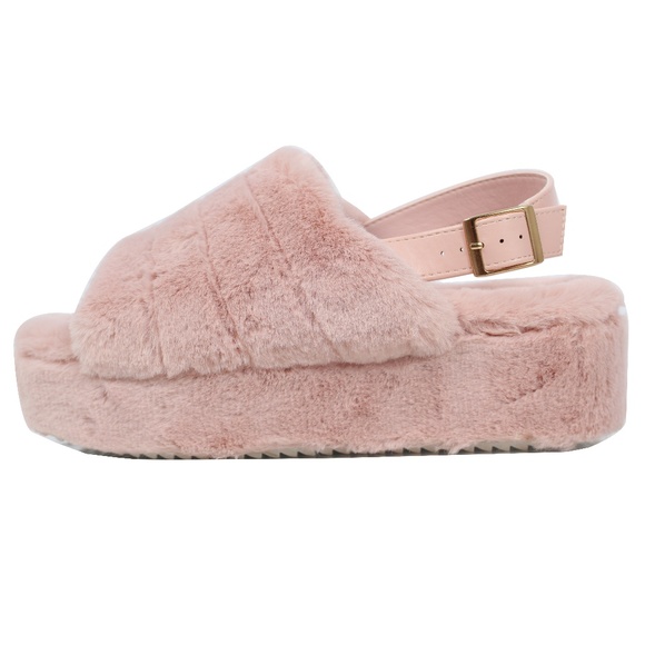 Shoes - Blush Open Toe Fuzzy Slingback Platform Wed